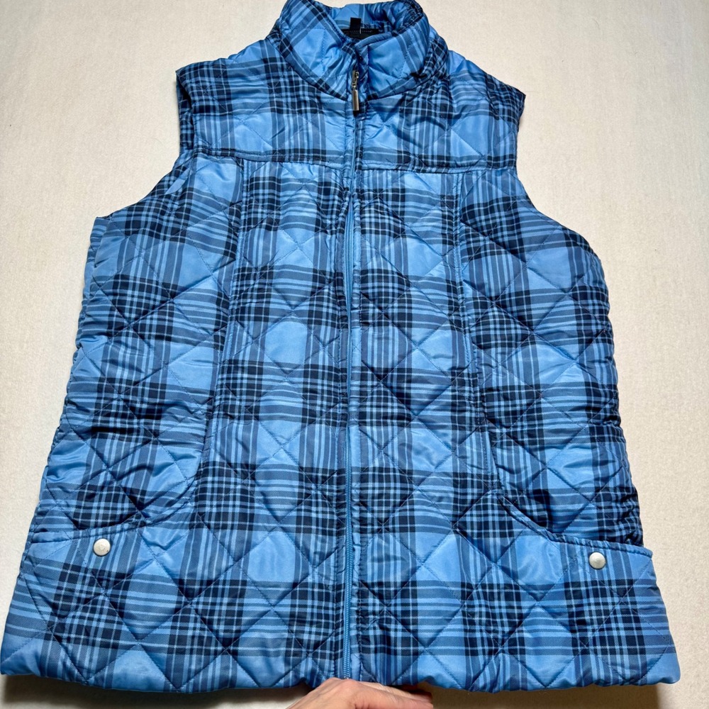 Jane Ashley Blue Plaid Quilted Puffer Vest Womens 1X Full Zip Sleeveless Jacket